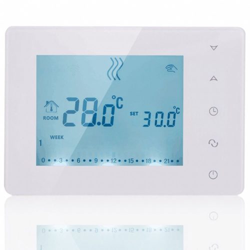 Radio thermostat, elegant, snow-white 100 meter range with large touchscreen LCD display for turning the boiler on and off 