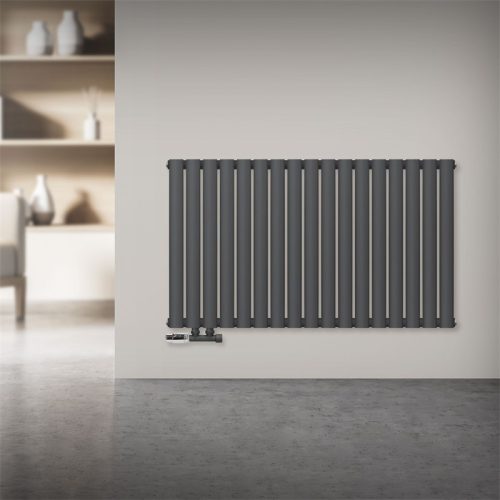 Modern design radiátor 600 x 1030 mm antracit bal oldali bekötéssel fali szelepcsappal - króm termosztáttal