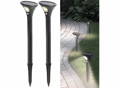 Solar garden lamp that can be inserted into the ground. 2 solar lamps with warm white light and motion sensor