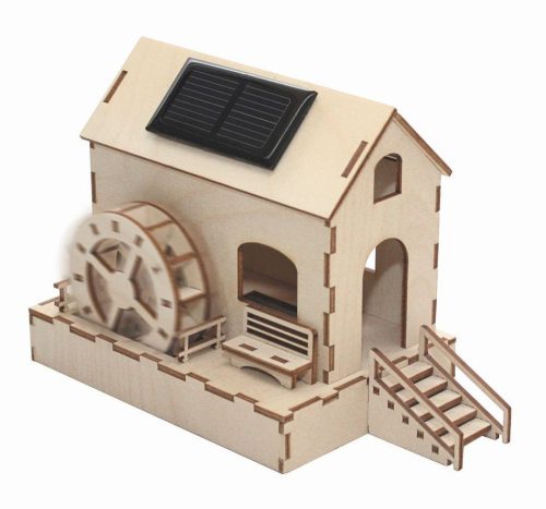 Solar powered wooden watermill model - a solar cell drives the blades