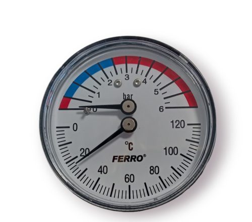 Nyomásmérő óra hőmérővel thermo-manometer 1/2"-hátsó 0-6 bar