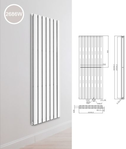 Design radiátor, panel radiátor, fürdőszoba radiátor fehér termosztáttal duplasoros 1600 x 452 x 78 