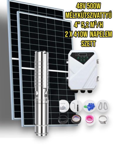 Napelemes öntöző szivattyú készlet 48V 500W búvárszivattyú 5,2 m³/h 45 méter emelés - 2 x 410W