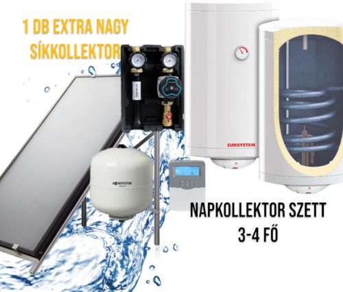 3-4 fő részére exra nagy síkkollektoros szett HMV készítés: 1 síkkollektor + 150 literes Sunsystem hőcserélős bojler + szivattyú állomás + vezérlés + tágulási tartály