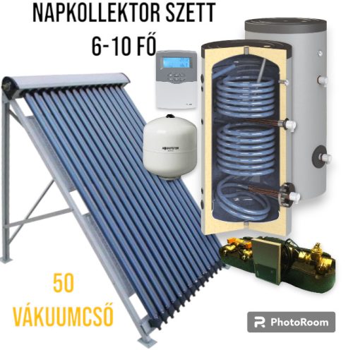 6-10 fő részére napkollektor rendszer: 5 db sikkollektor, 500 literes 2 hőcserélős álló bojler, ECO szivattyú állomás, vezérlés, tágulási tartály