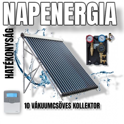 Napkollektor rendszer 10 vákkumcsöves Heat-Pipe kollektorral SR208C vezérléssel és szivattyú állomás