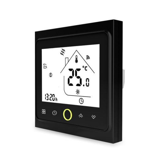 Smart thermostat for a gas boiler, a black smart thermostat that can be controlled remotely and can be timed