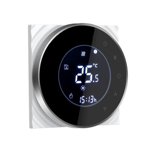 Smart thermostat for a gas boiler. Round black smart thermostat that can be controlled remotely and can be timed