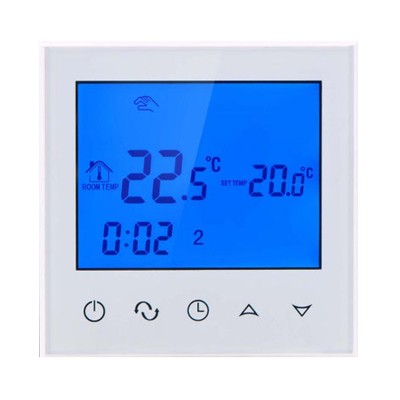 A white glass panel provides a smart thermostat contact up to 16A for switching the Wi-Fi thermostat electric heating